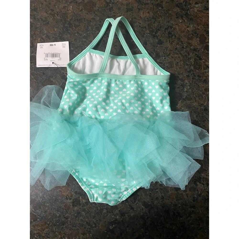 OP ‎ Ocean Pacific Teal Baby Tutu White Hearts Size 6-9M Bathing Suit Swimsuit